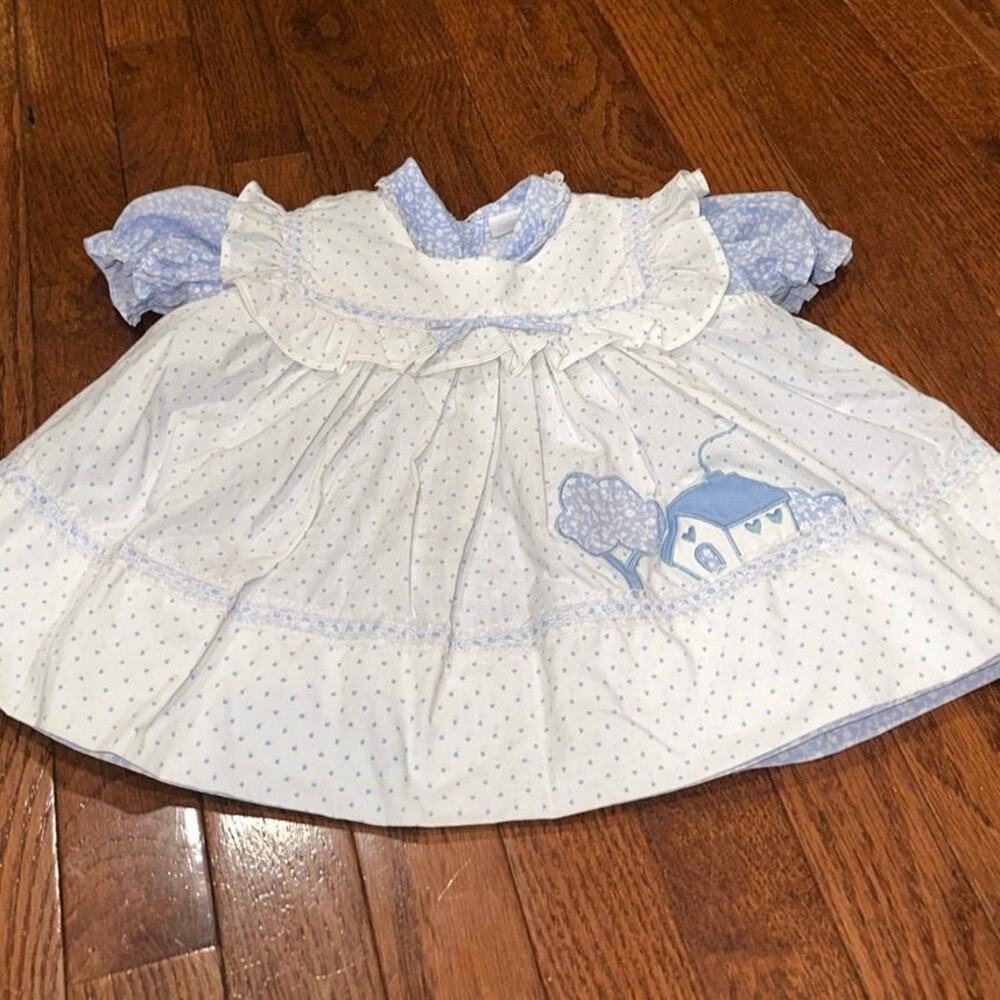 RARE 90s Vintage Mayfair Dress 18 months Floral Blue & White Peter Pan Collar